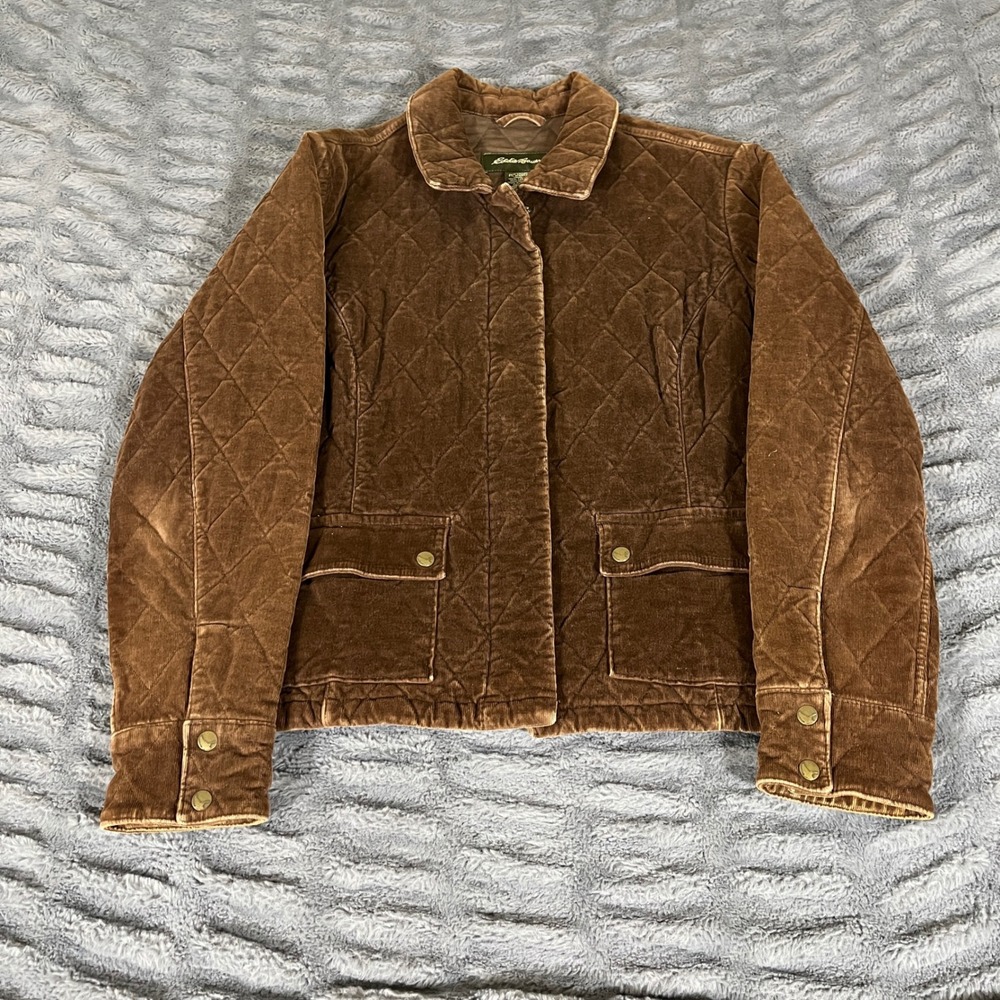 Eddie‎ Bauer Womens Brown Quilted Corduroy Barn Jacket Large Zip Snap AP380